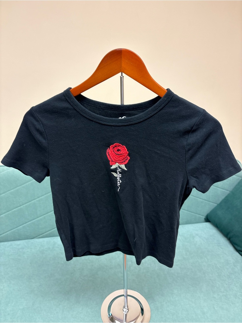 Hollister Black Crop Tee with Red Rose Embroidery